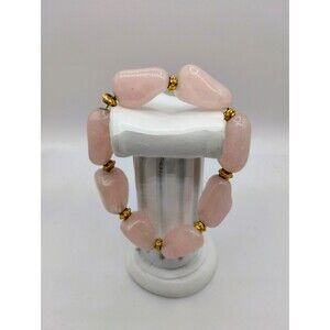 Natural Stone Bead Pink Rose Quartz with Gold Tone Spacers Bracelet